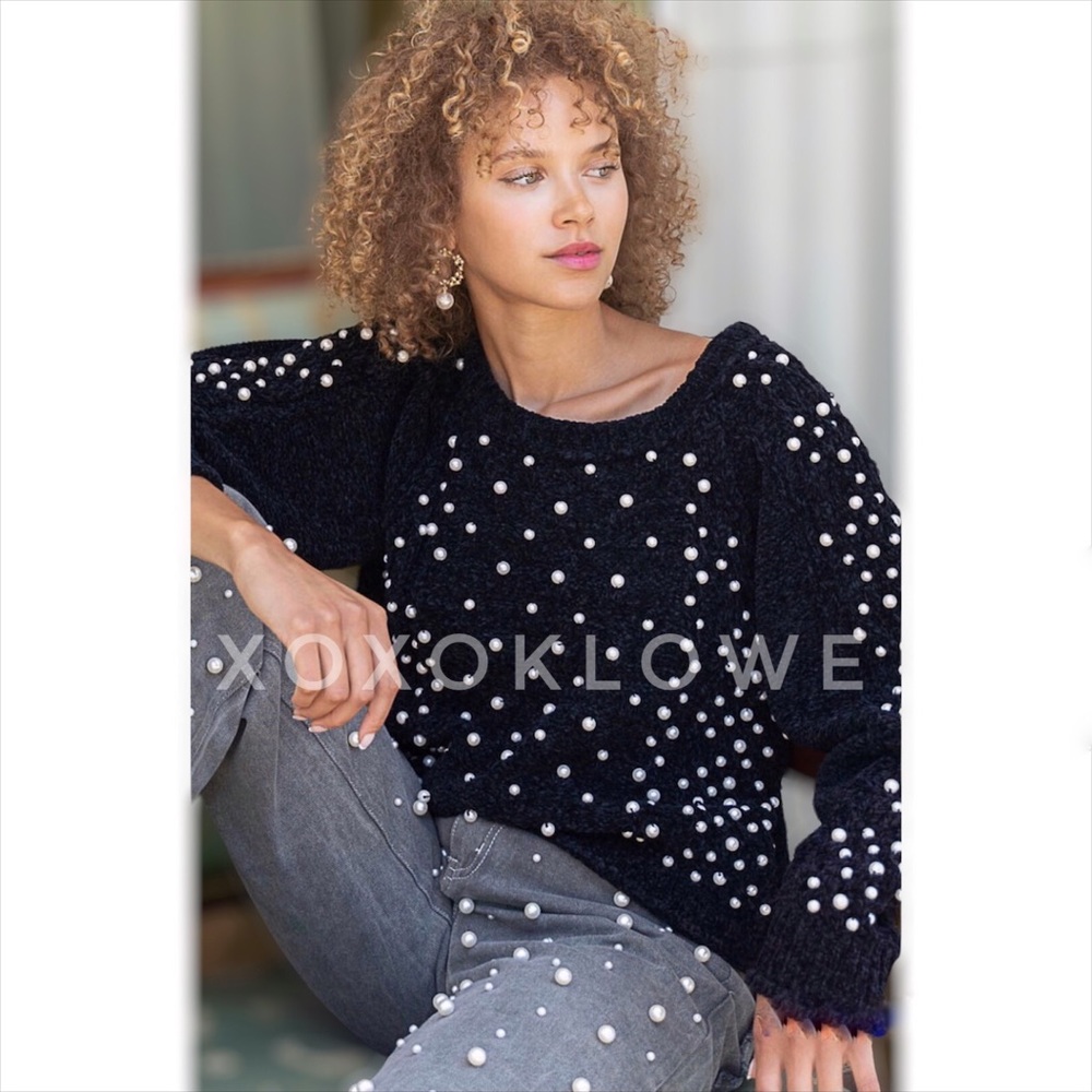 POL Pearl Beaded Black Velvet Chenille Sweater Relaxed Fit - Picture 1 of 13